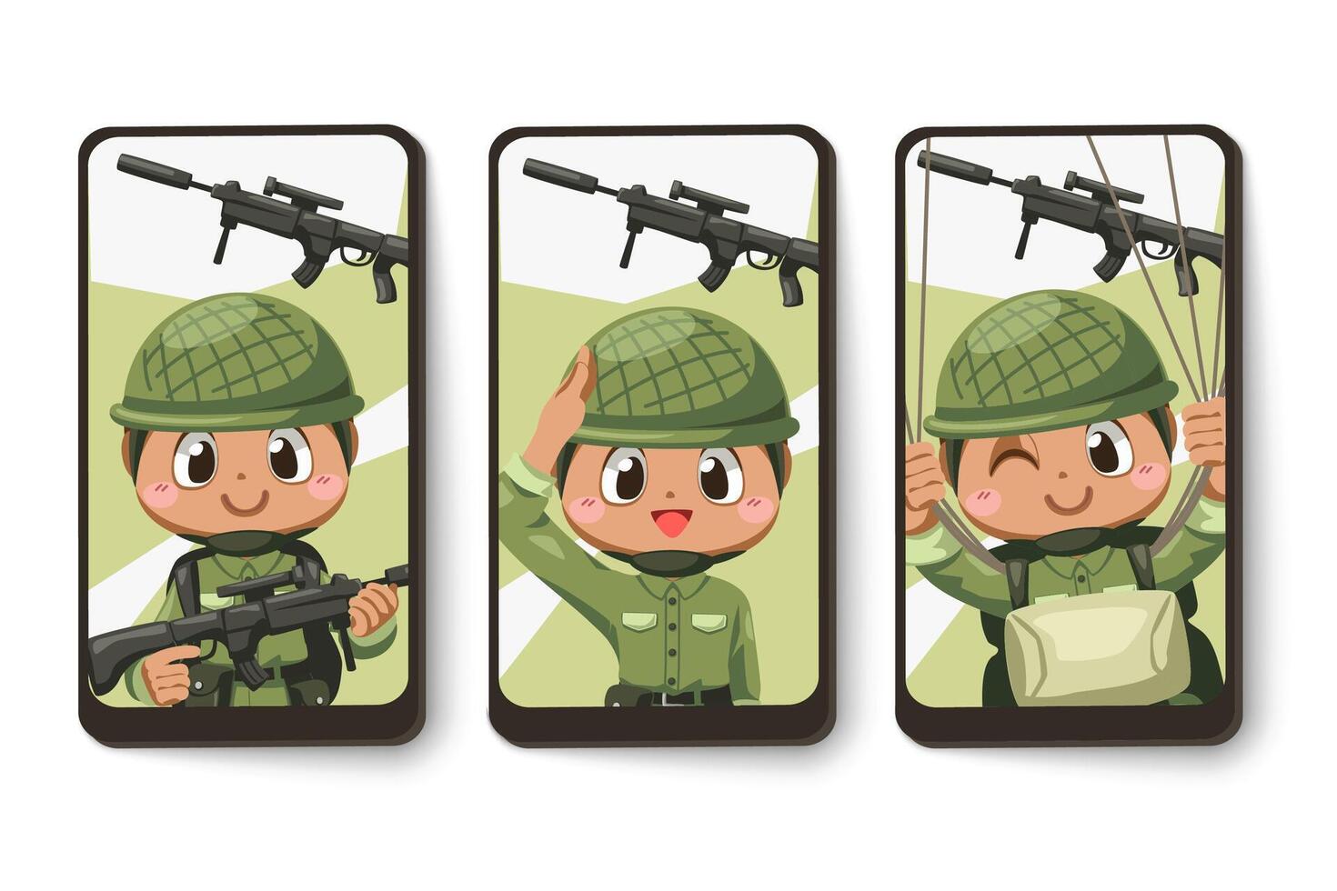emoción de tarjeta del hombre soldado del ejército en vector de personaje de dibujos animados