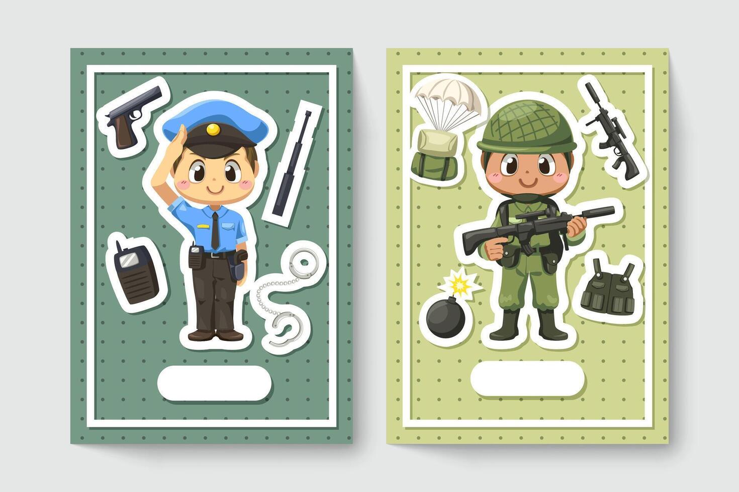 Card of police man and army soldier  in cartoon character vector