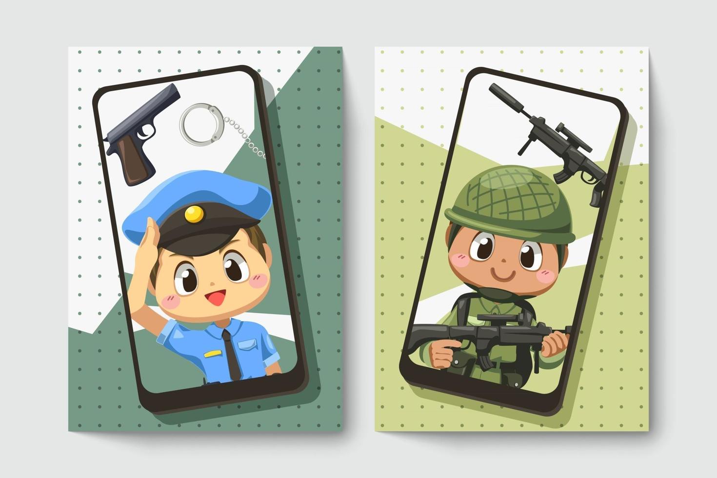 Card of police man and army soldier  in cartoon character vector