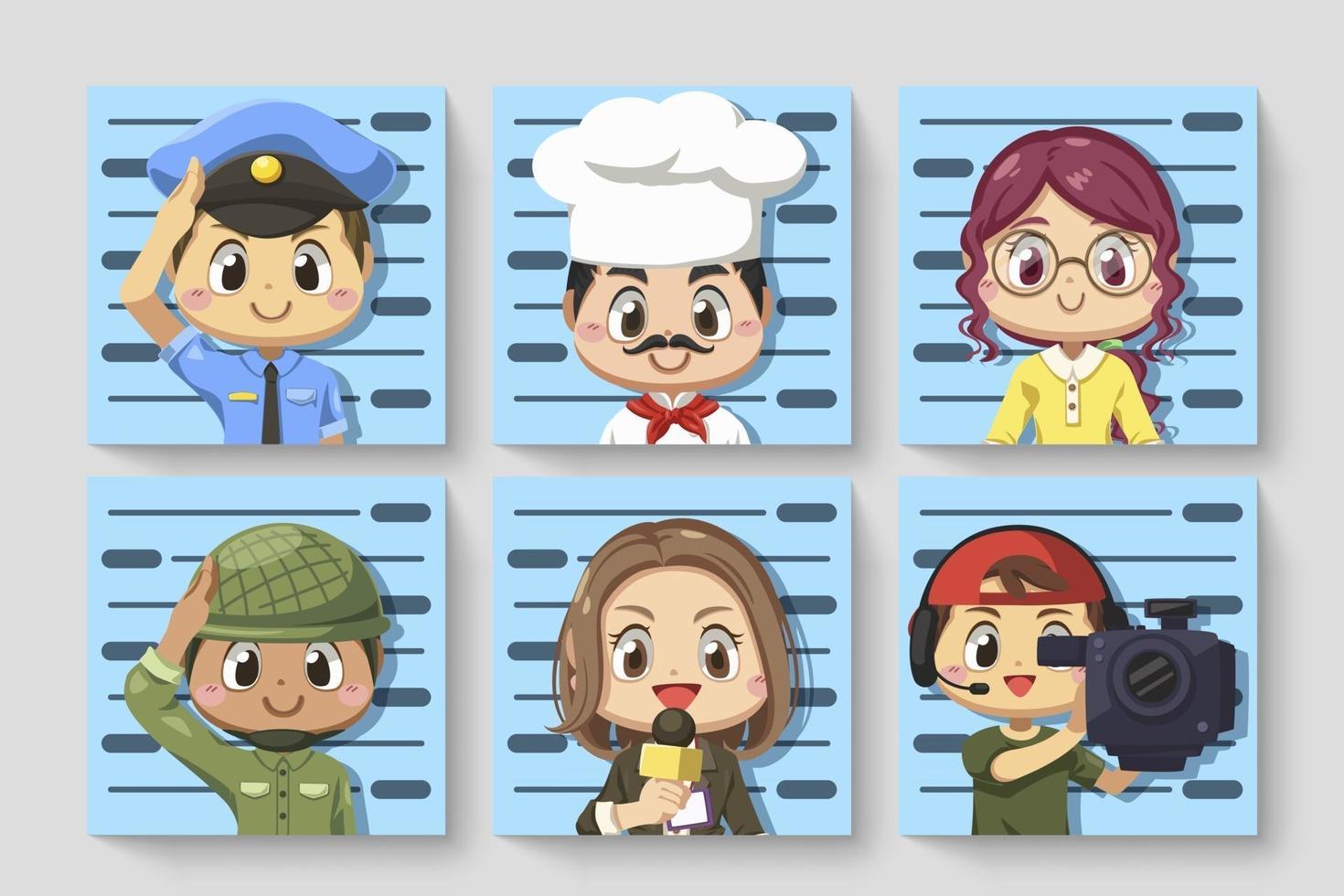 Card of various occupations Take photo of ID cartoon character vector