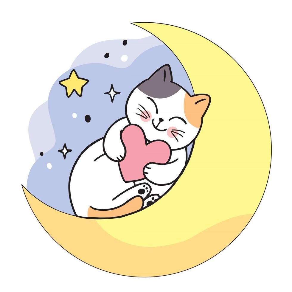 dibujos animados lindo gato y corazón en la luna en el vector de la noche.