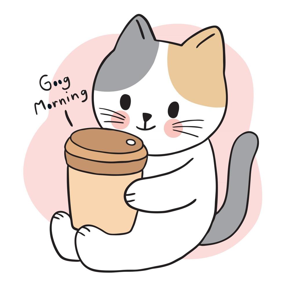 Cartoon cute cat drink cup coffee vector. vector