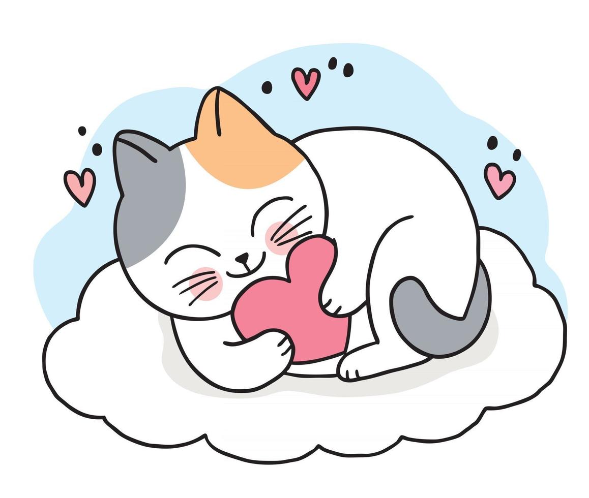 dibujos animados lindo gato y gran corazón en el vector de la nube.