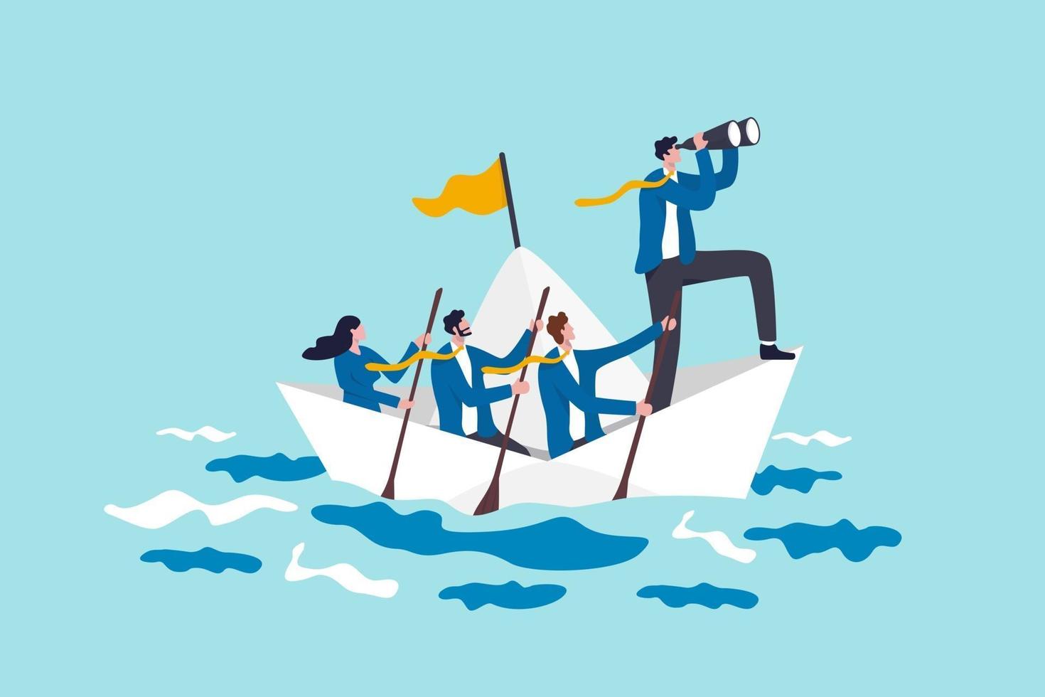 Leadership to lead business in crisis, teamwork or support to achieve target, vision or forward strategy for success concept, businessman leader with binoculars lead business team sailing origami ship vector