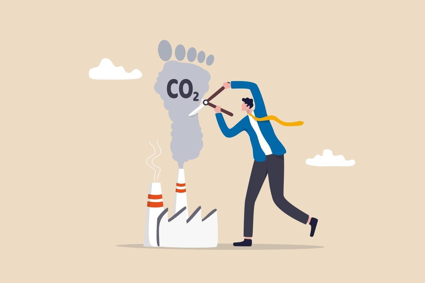 Reduce carbon footprint, decrease emission and pollution produce, global warming and environmental recovery plan concept, businessman country leader cutting CO2 carbon dioxide smoke from industrial. vector
