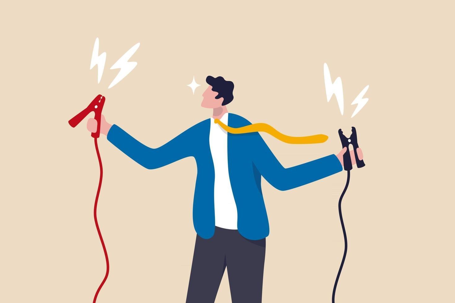 Jumpstart your career, boost or recharge motivation, coaching or mentorship to win business target concept, cheerful businessman manager holding high energy battery jumper ready to jumpstart employee. vector
