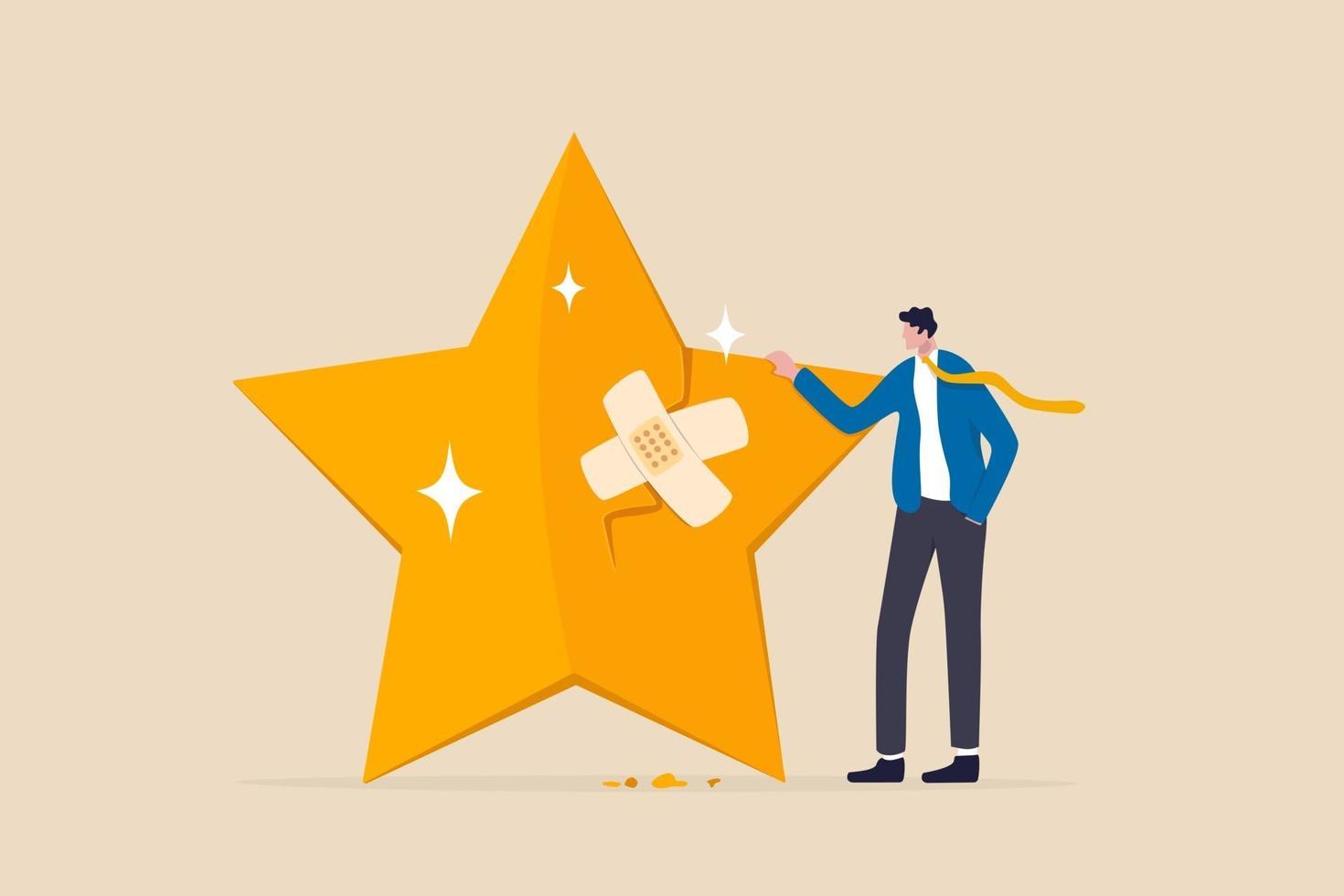 Reputation management, customer experience or rating, crisis management to repair or fix customer trust problem, credit score or satisfaction concept, businessman fix broken rating star with bandage. vector