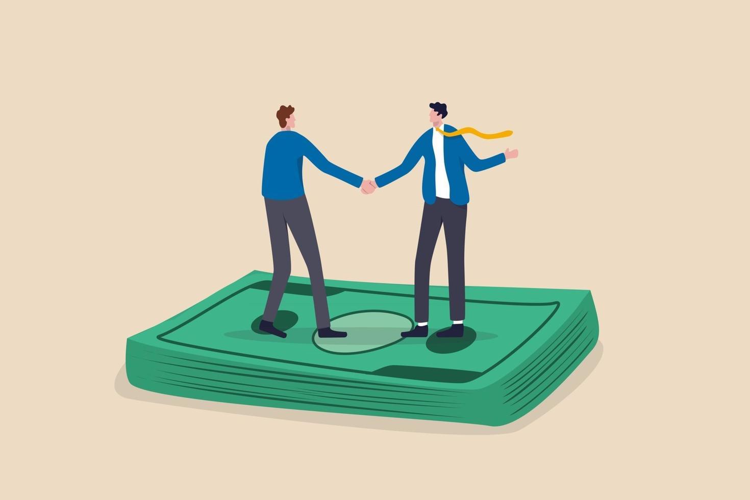 Salary negotiation, pay raise discussion or wages and benefit agreement, business deal or merger and acquisition concept, business people handshake on pile of money banknote after finish agreement. vector