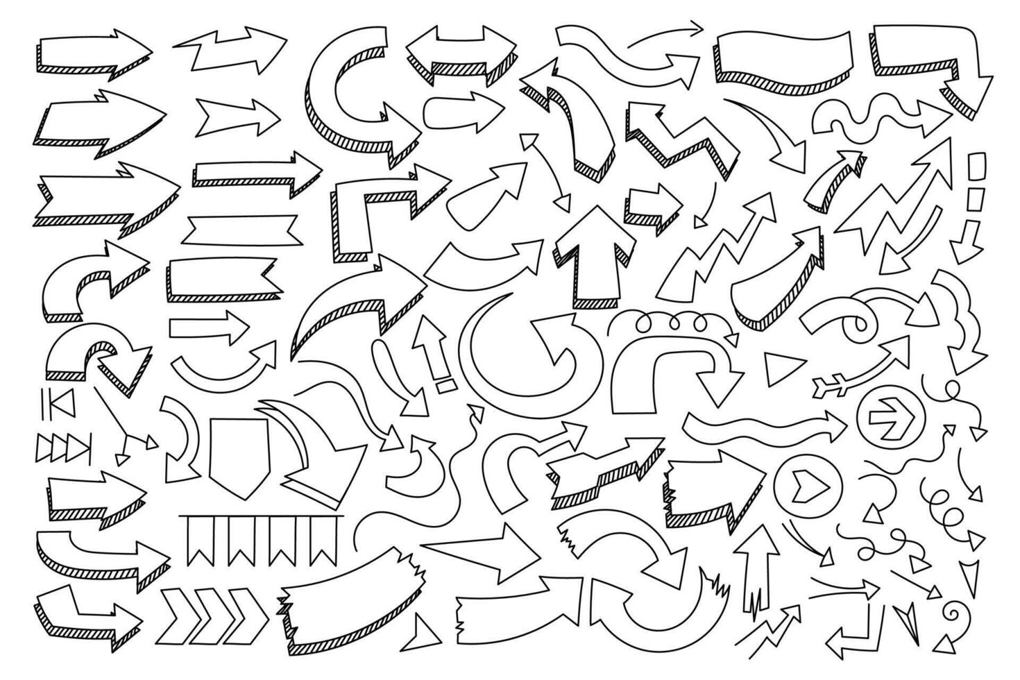 Various of different hand drawn arrow and pointer in doodle style. vector