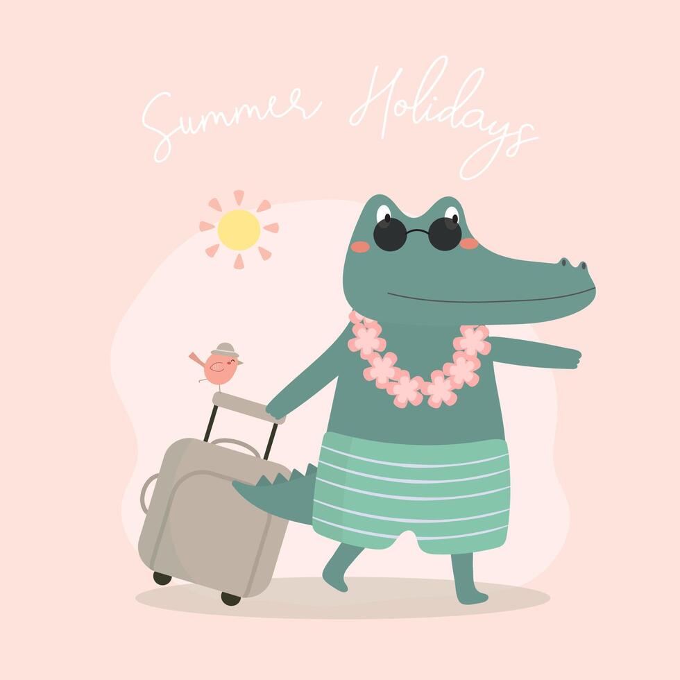 Crocodile in Hawaiian outfit and travel bags cartoon vector