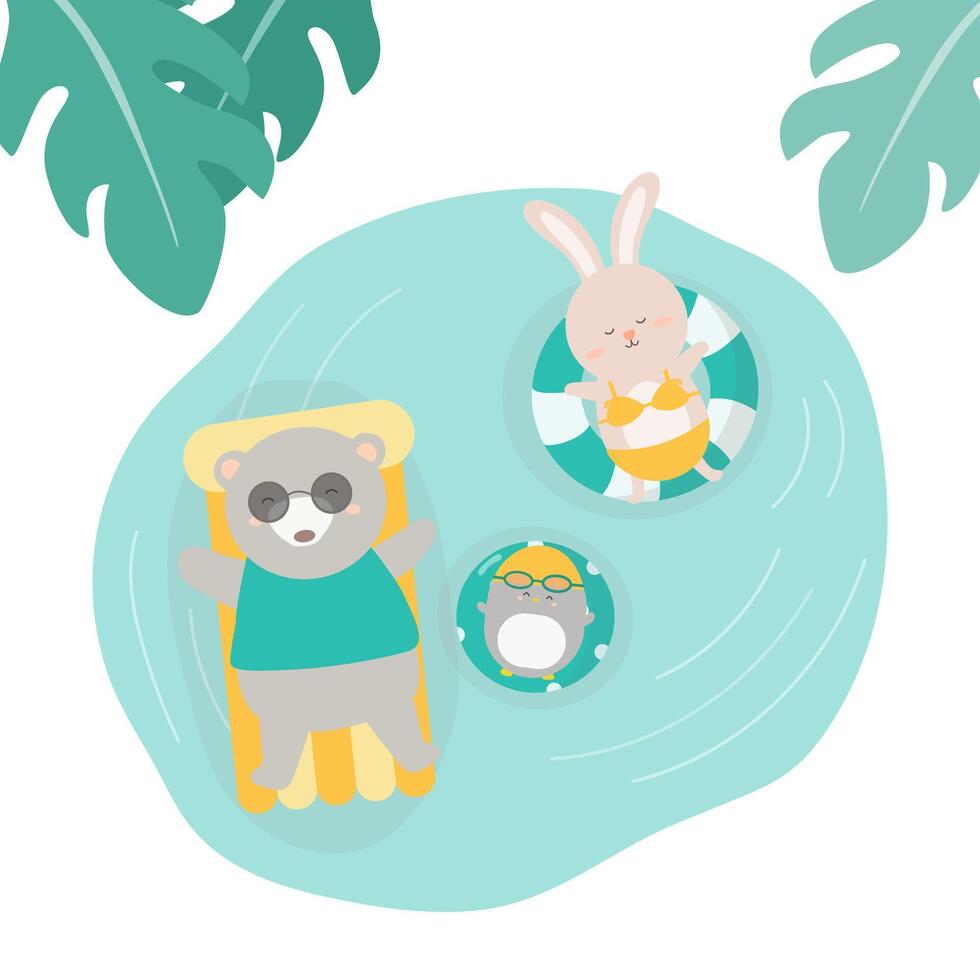 animals sunbathe on floating raft and swim rings in pool vector