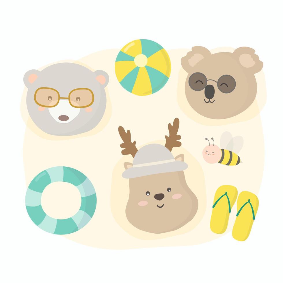 face of animal and Beach equipment cartoon vector
