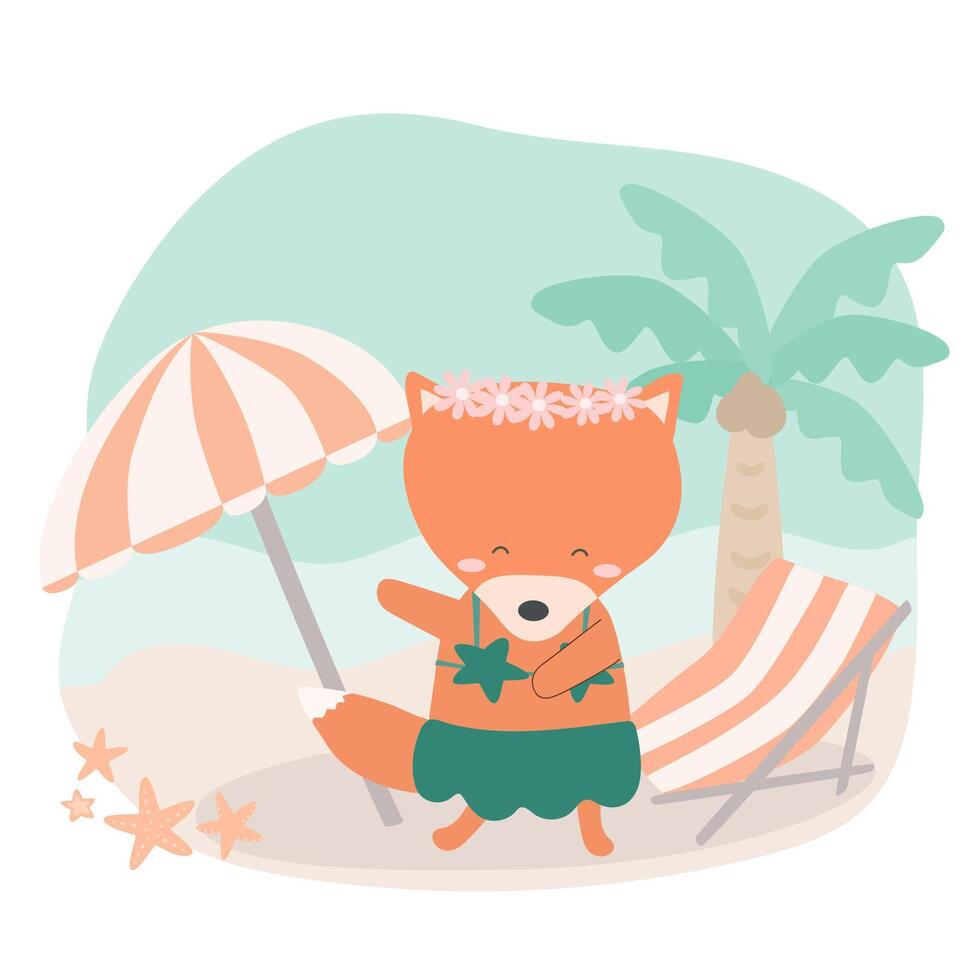 Fox on the beach in summer holidays cartoon vector