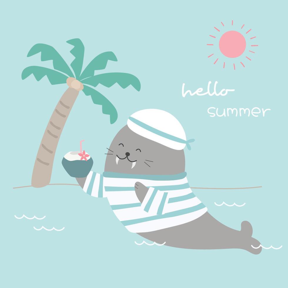 Cute walrus wearing sailor suit holds a coconut in the sea vector