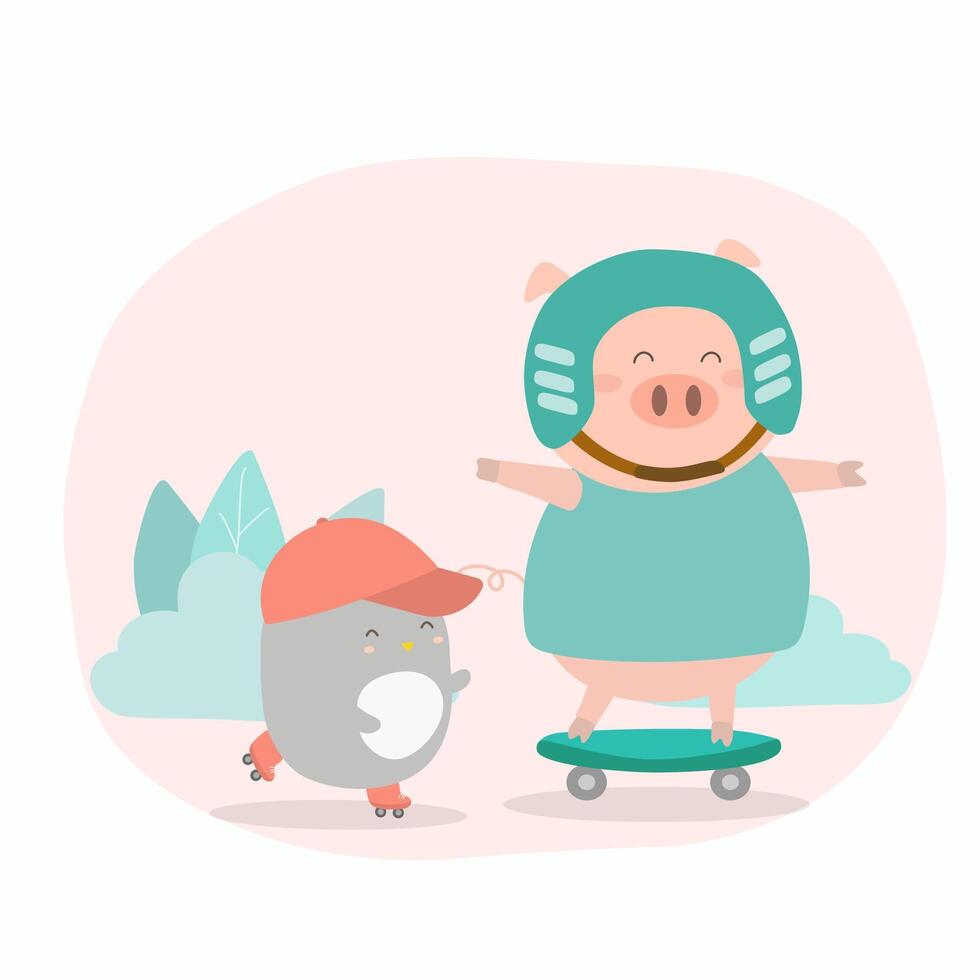 pig with skateboard and penguin with roller skate playing together vector