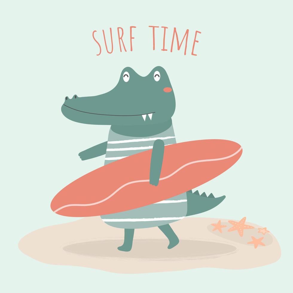 cocodrilo con tabla de surf en personaje de dibujos animados con colección de verano hola vector