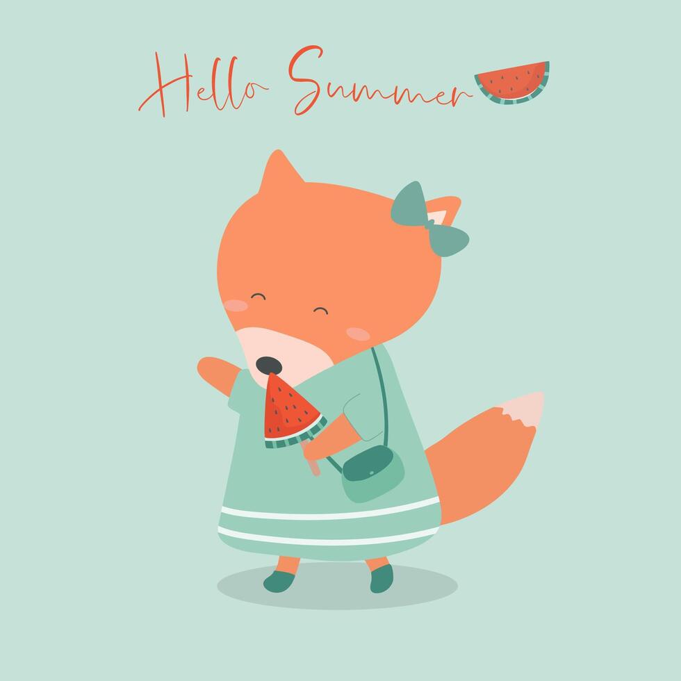 lady fox eating watermelon cartoon character in summer time vector