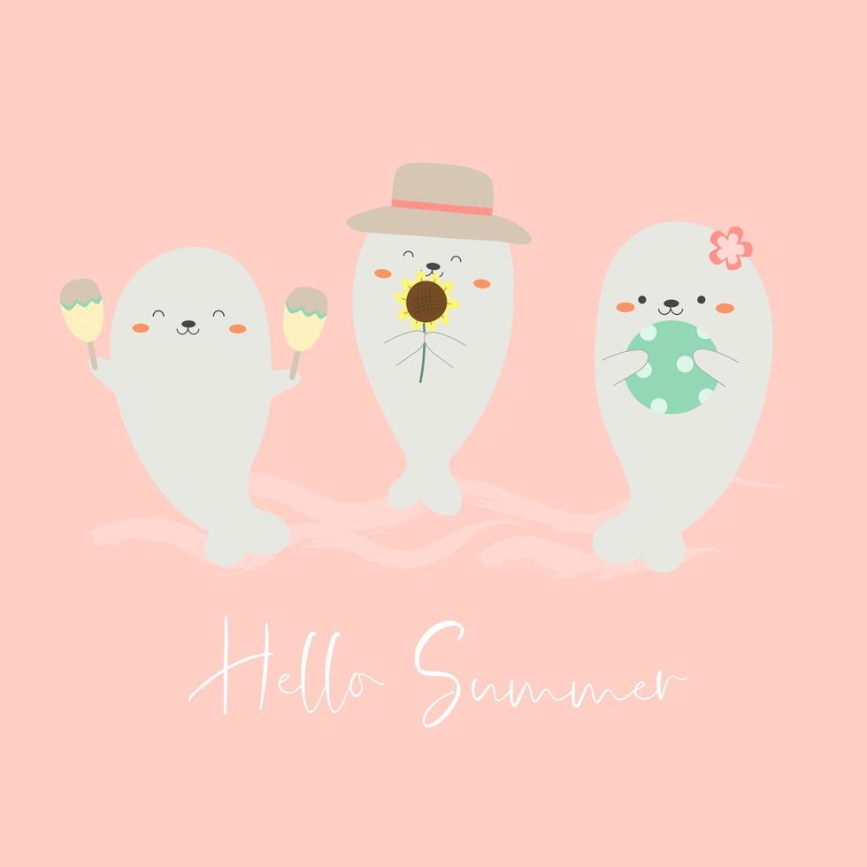 Seal family with summer holidays vector illustration