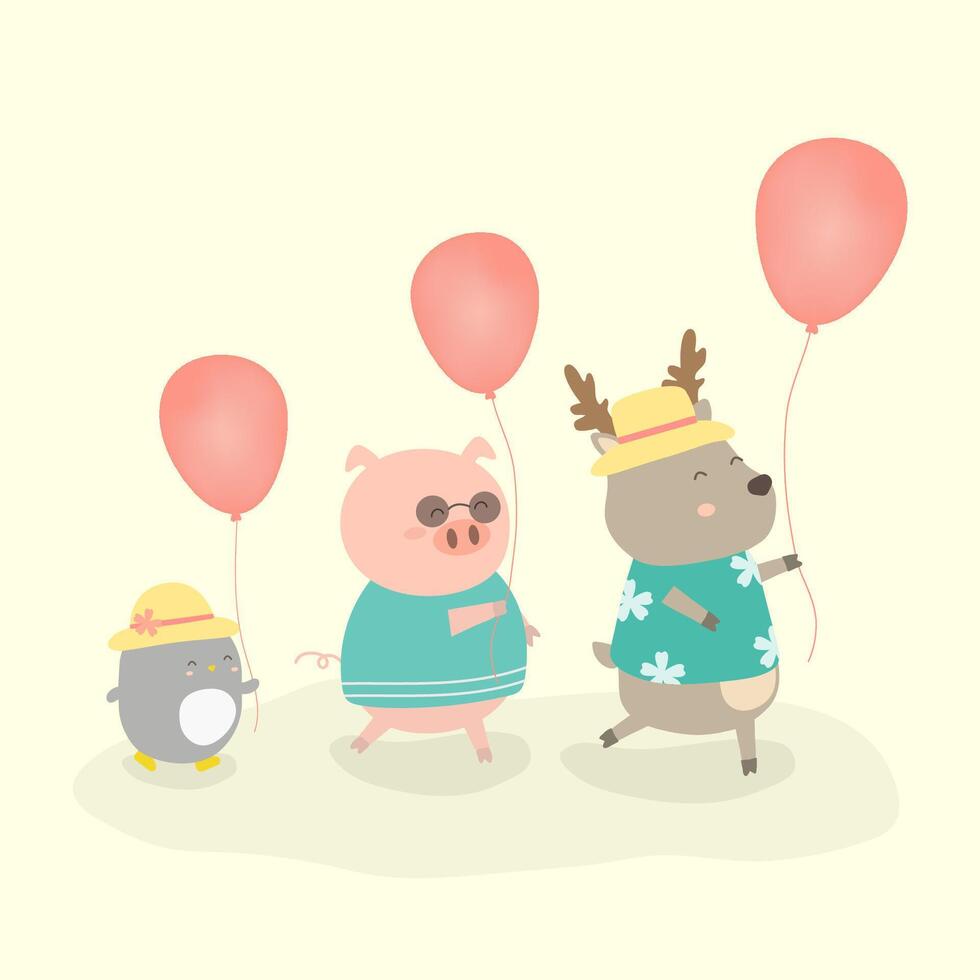 animals walking with red balloon on summer holidays vector