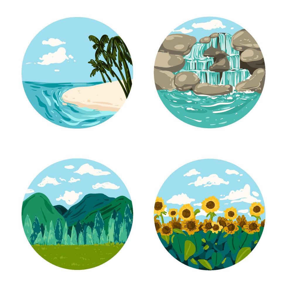 Conjunto de dibujo de escena de la naturaleza bonito lugar para vector de viaje