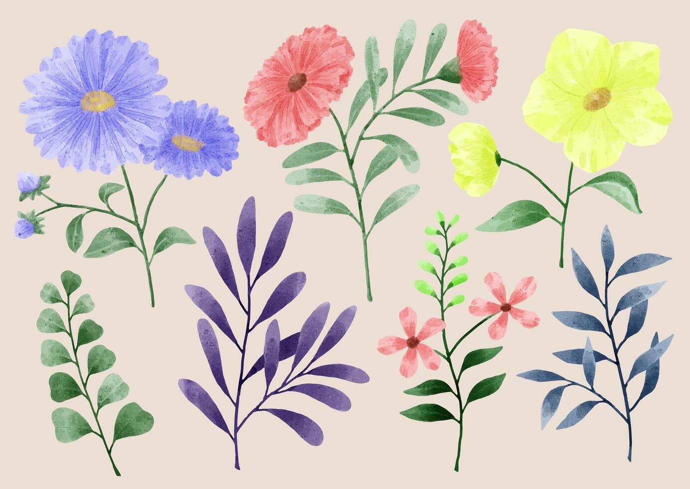 un conjunto de flores pintadas en acuarela para varias tarjetas y tarjetas de felicitación. vector