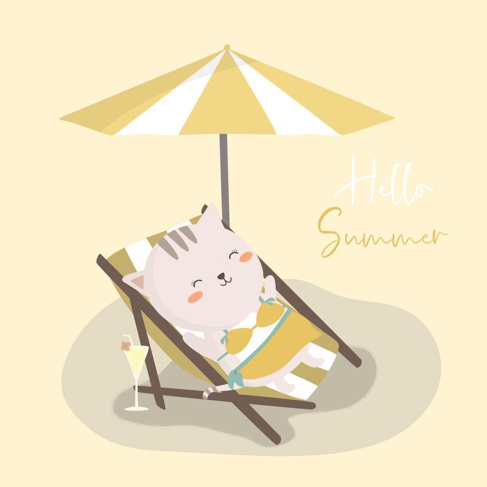 Lovely cat sleepy on sun bed under umbrella beach vector