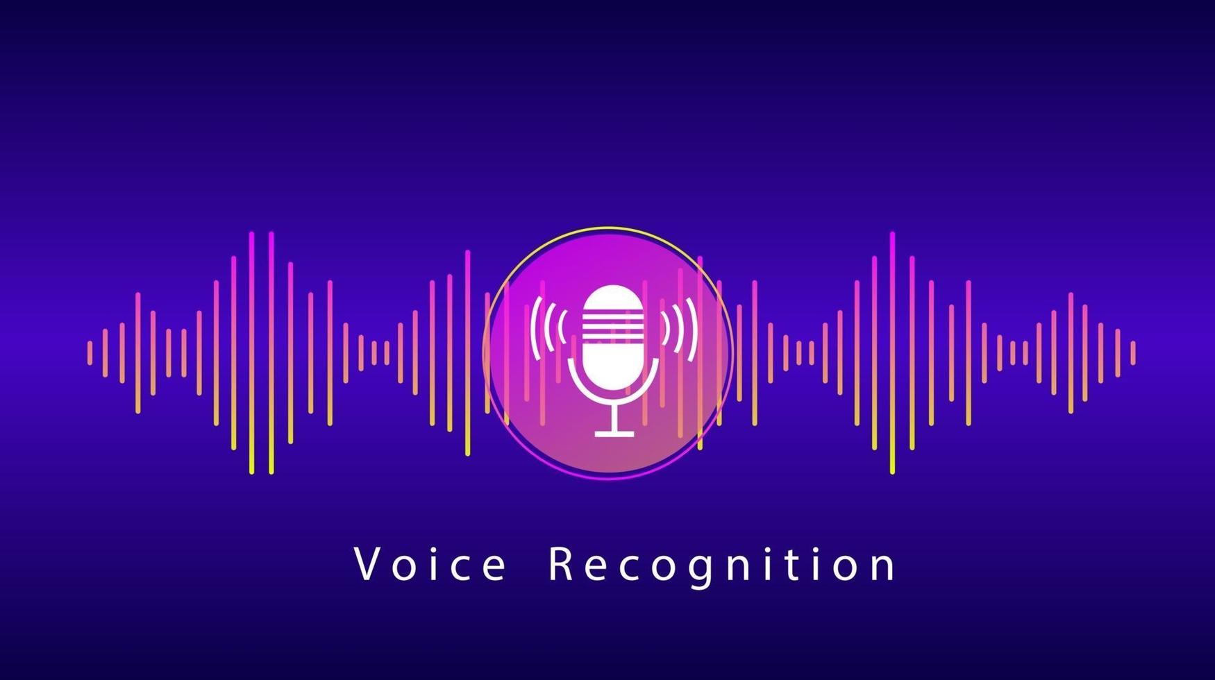 Voice Recognition and Personal Assistant Concept. Illustration of Gradient Vector sound wave and Microphone with bright voice button control. Voice imitation and intelligent technologies.