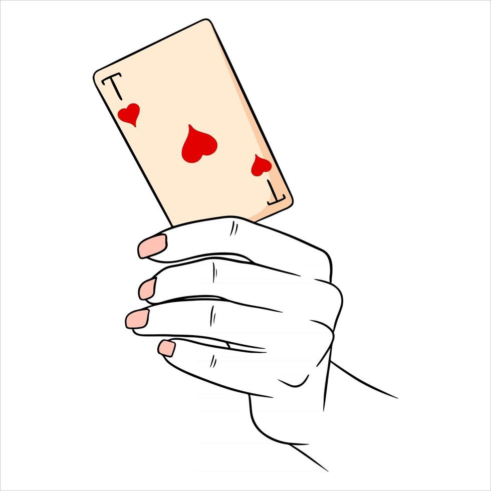 Gambling. Playing card in hand. Casino, luck, fortuna. Ace of hearts. vector
