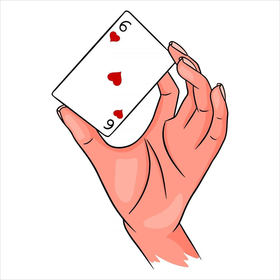 juego. naipes en mano. casino, suerte, suerte. seis de gusanos. vector