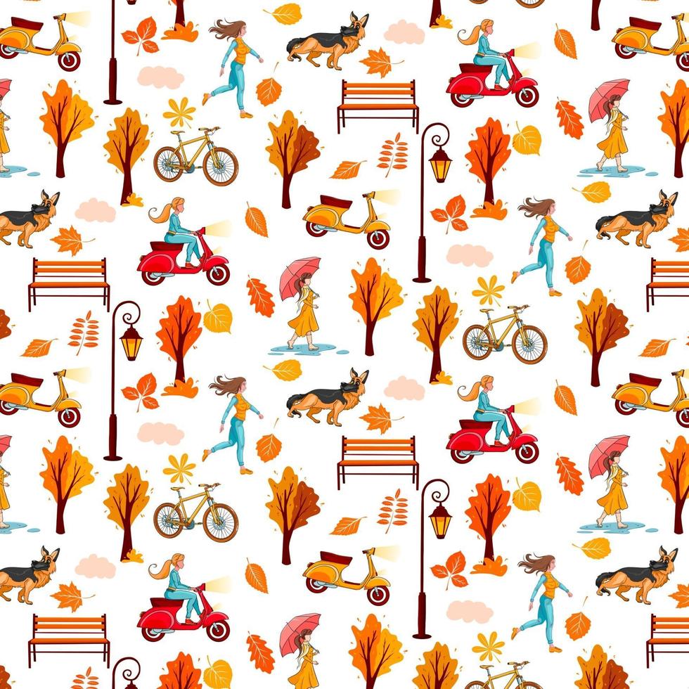 Autumn pattern. Yellow leaves, trees, bench lantern, girl with umbrella, dog. vector