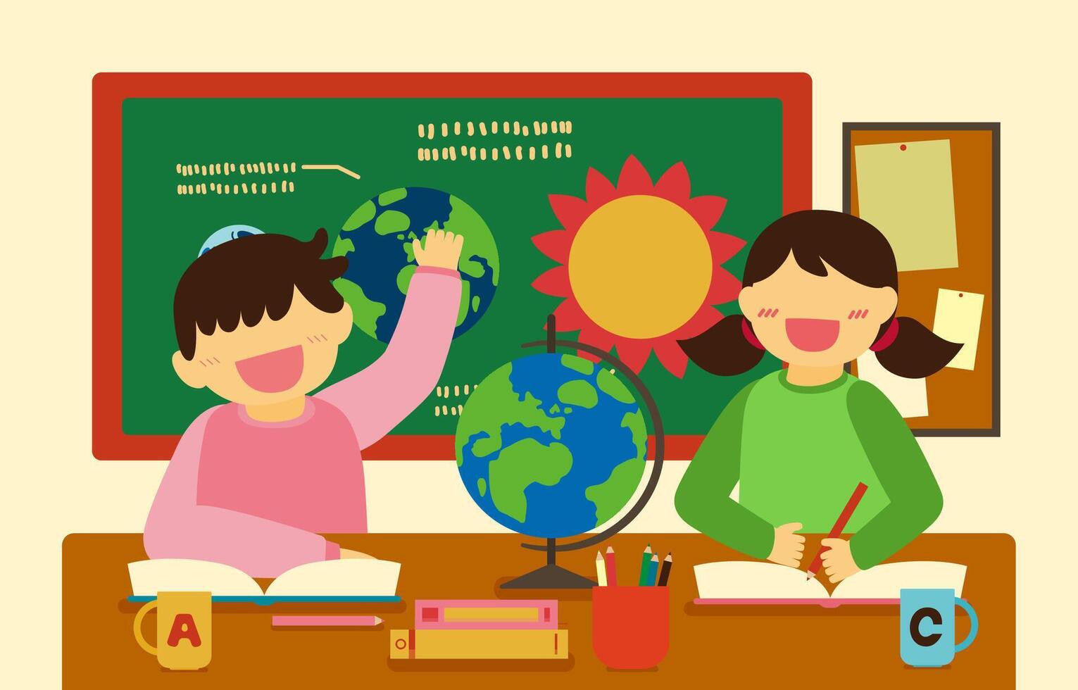 niño y niña felices aprendiendo en vector de dibujos animados de aula