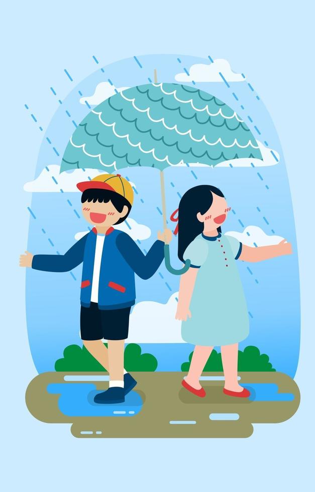niño y niña disfrutan jugando con vector de dibujos animados de lluvia