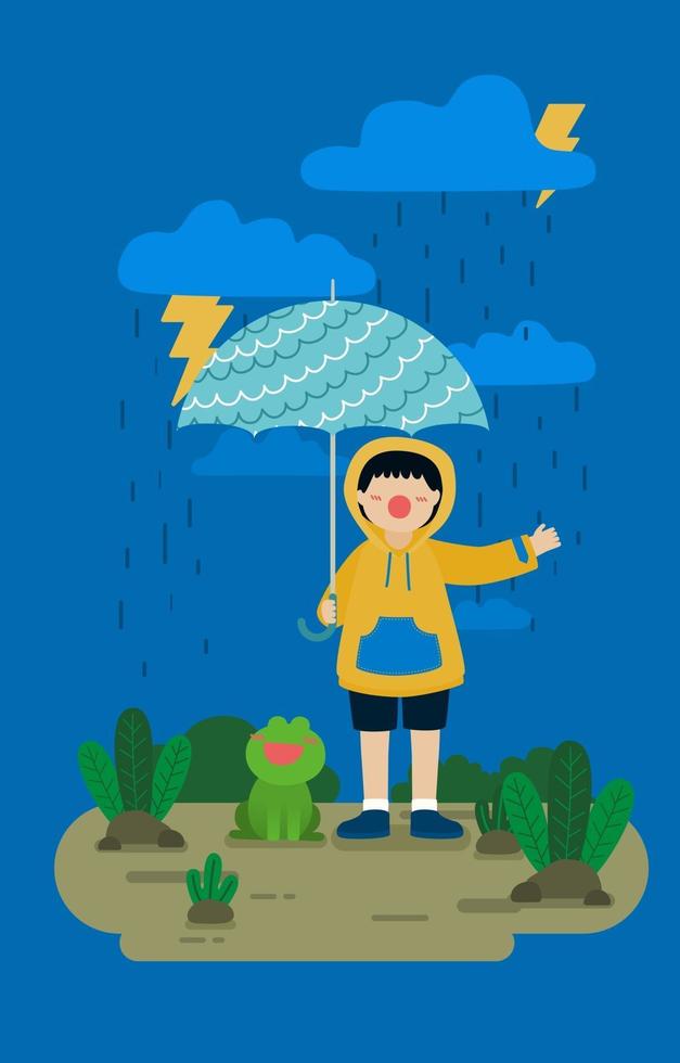 Girl wearing raincoat holding umbrella in rainy day vector