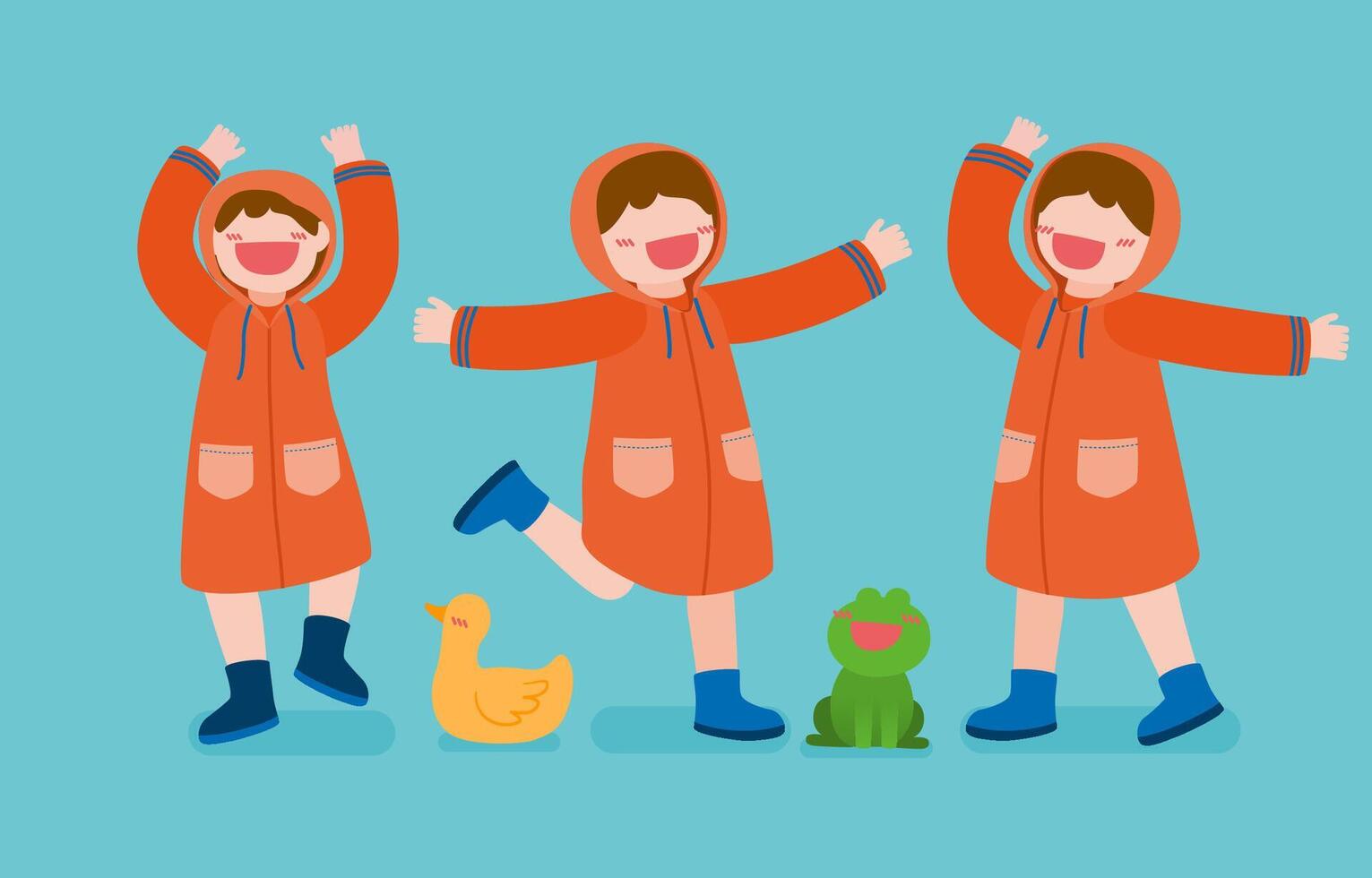 bundle happy girls wearing raincoat cartoon character vector
