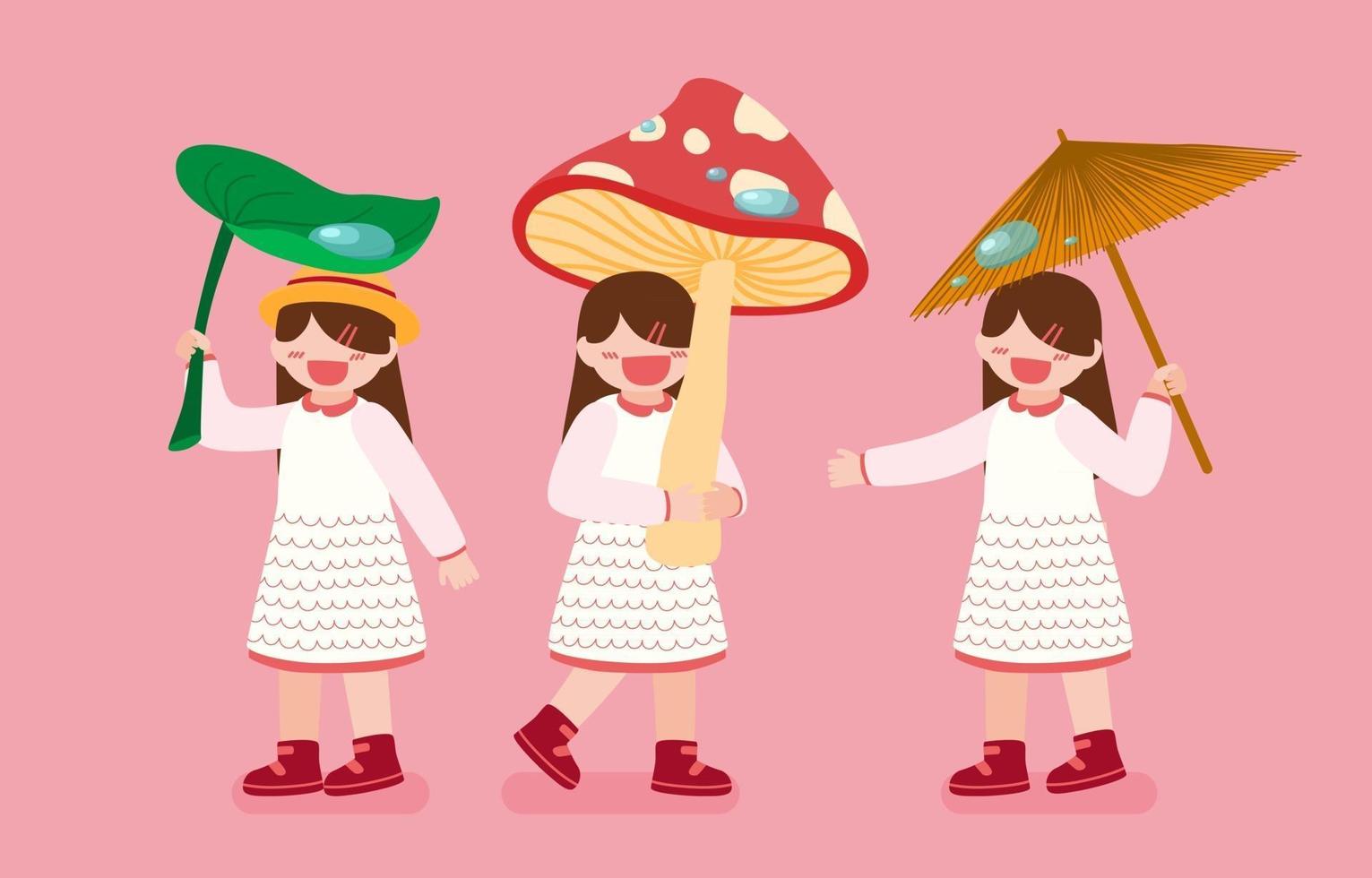 Bundle girl and umbrella in cartoon character vector