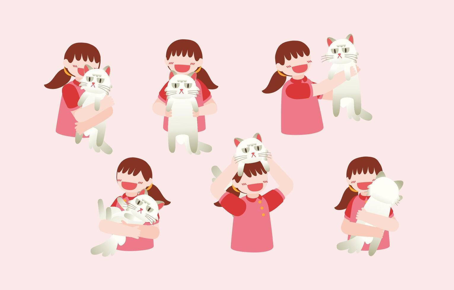 Bundle of lovely girl and cute cat cartoon vector