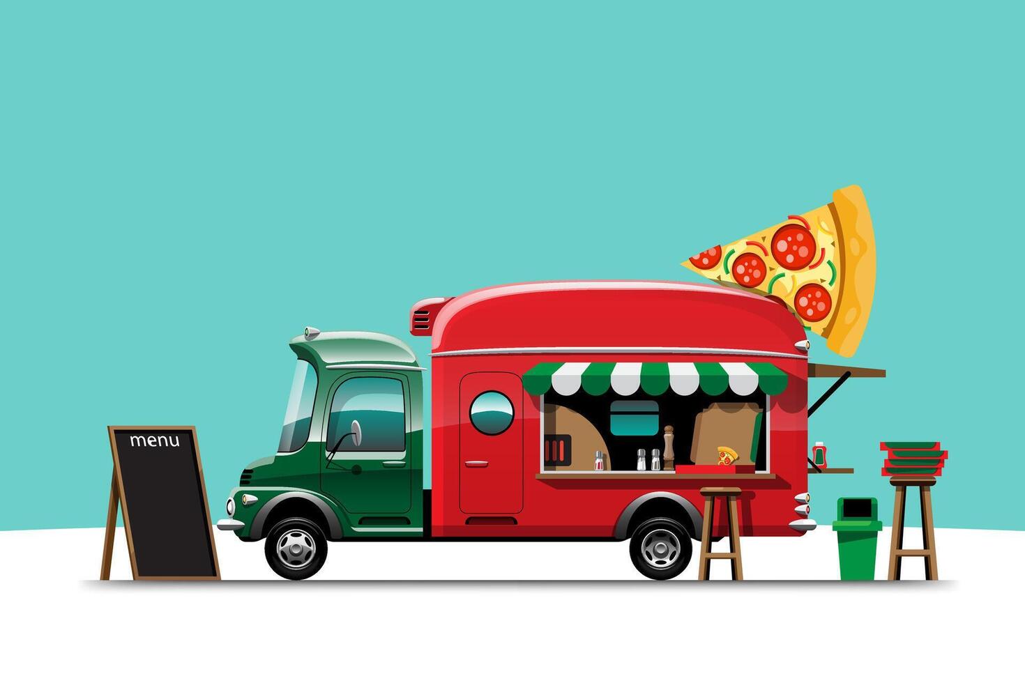 The food truck side view with pizza menu vector