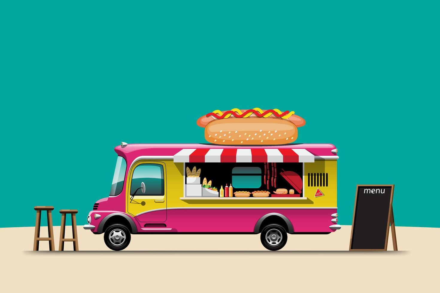The food truck side view with menu hotdog vector