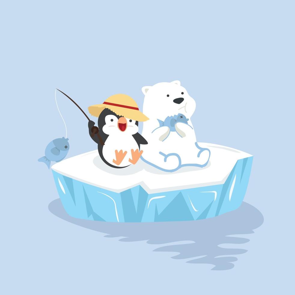Cartoon happy polar bear with penguin sit on ice floe vector