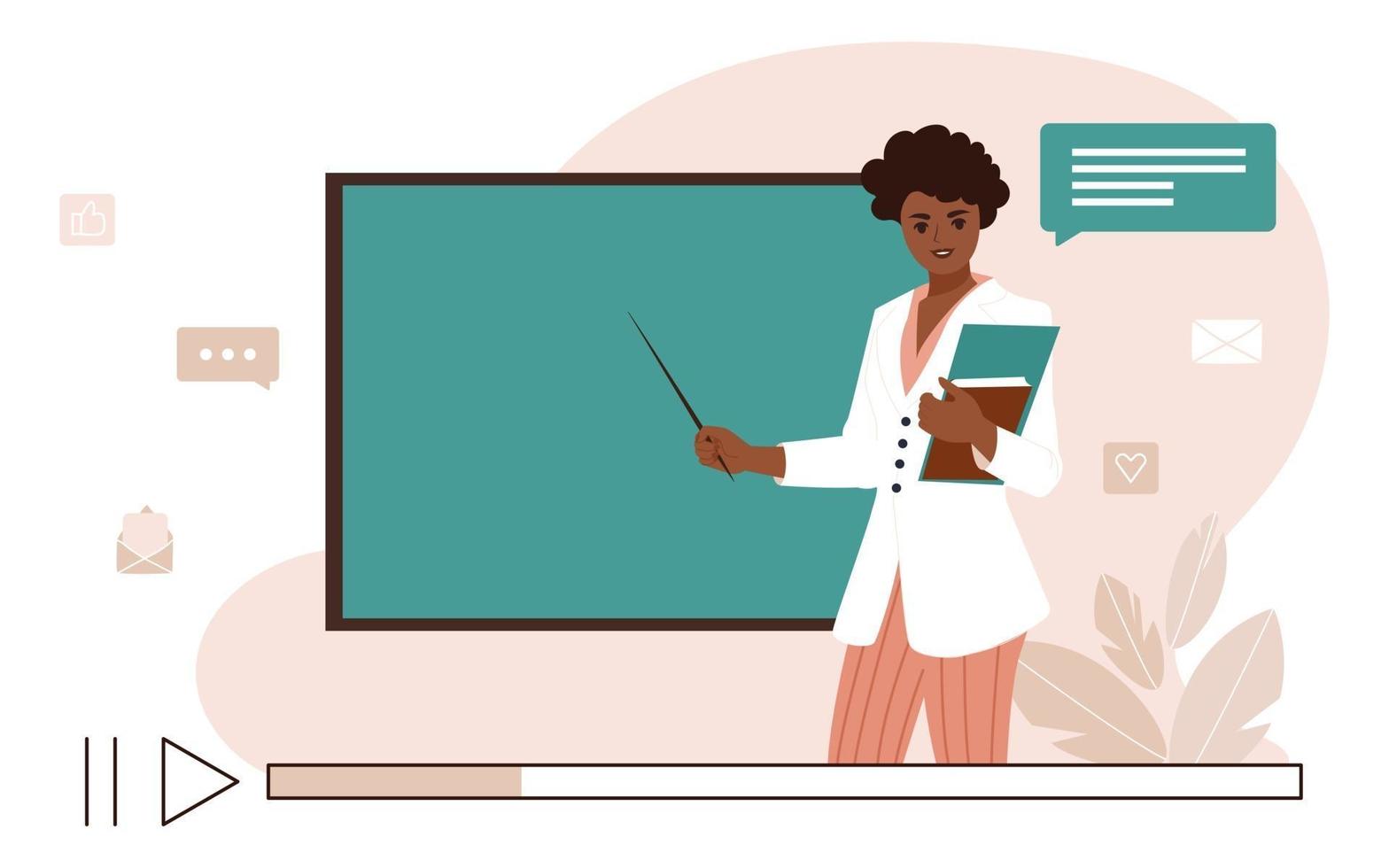 Online learning concept. Video lesson with African American woman teacher and school chalkboard. Flat vector illustration