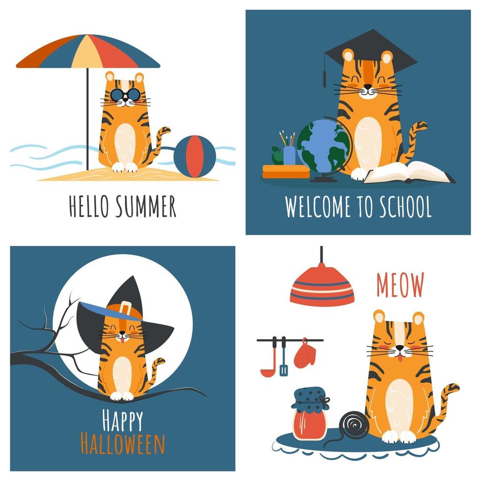 conjunto de tarjetas de felicitación para niños con dibujos animados de rayas lindo tigre naranja. vector ilustración plana de depredador felino divertido para niños