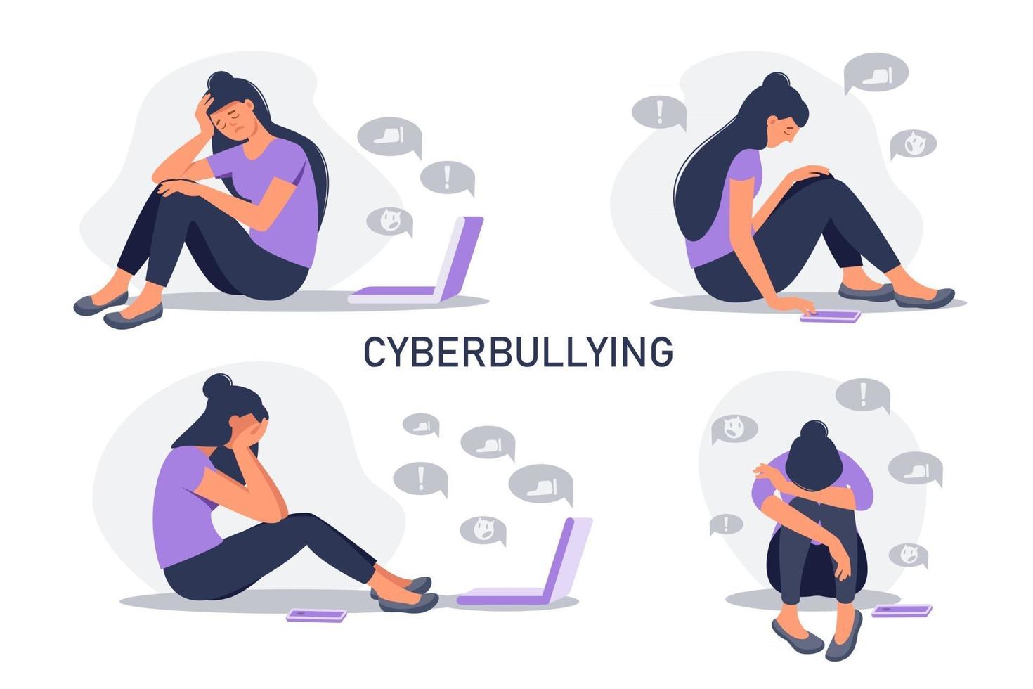 Set of depressed woman sitting with phone in front of laptop screen  surrounded by message bubbles. Cyber bullying in social networks and online abuse concept. Vector flat cartoon illustration