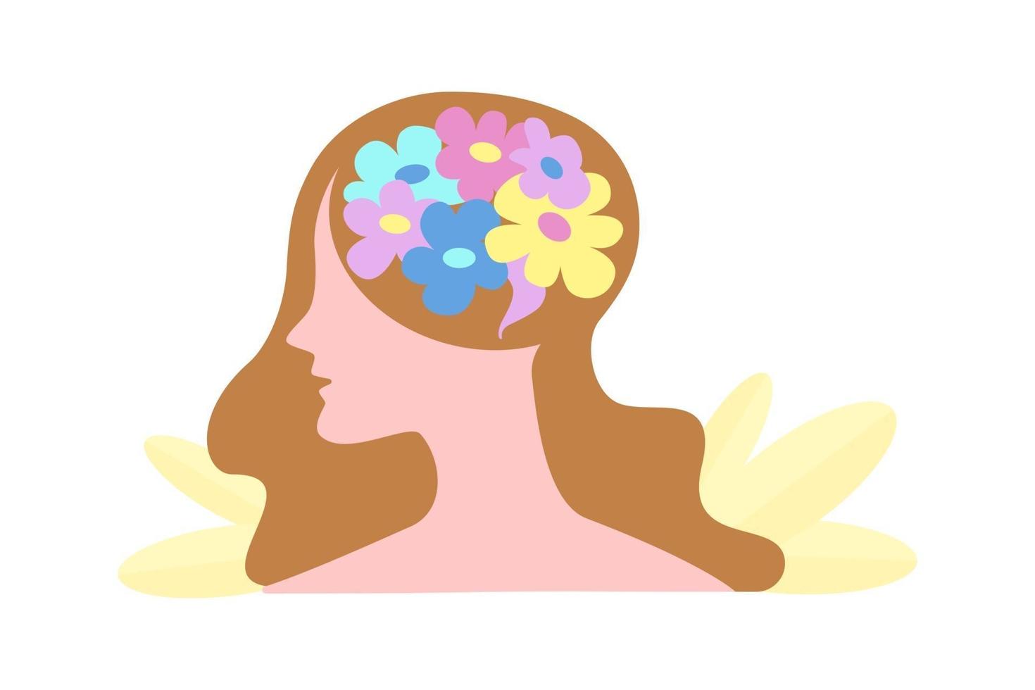 Mental health, illness ,brain development ,medical treatment concept. Flower inside a pretty female head. Vector flat illustration.  Design for landing page, ui, web,  card, flyer, banner