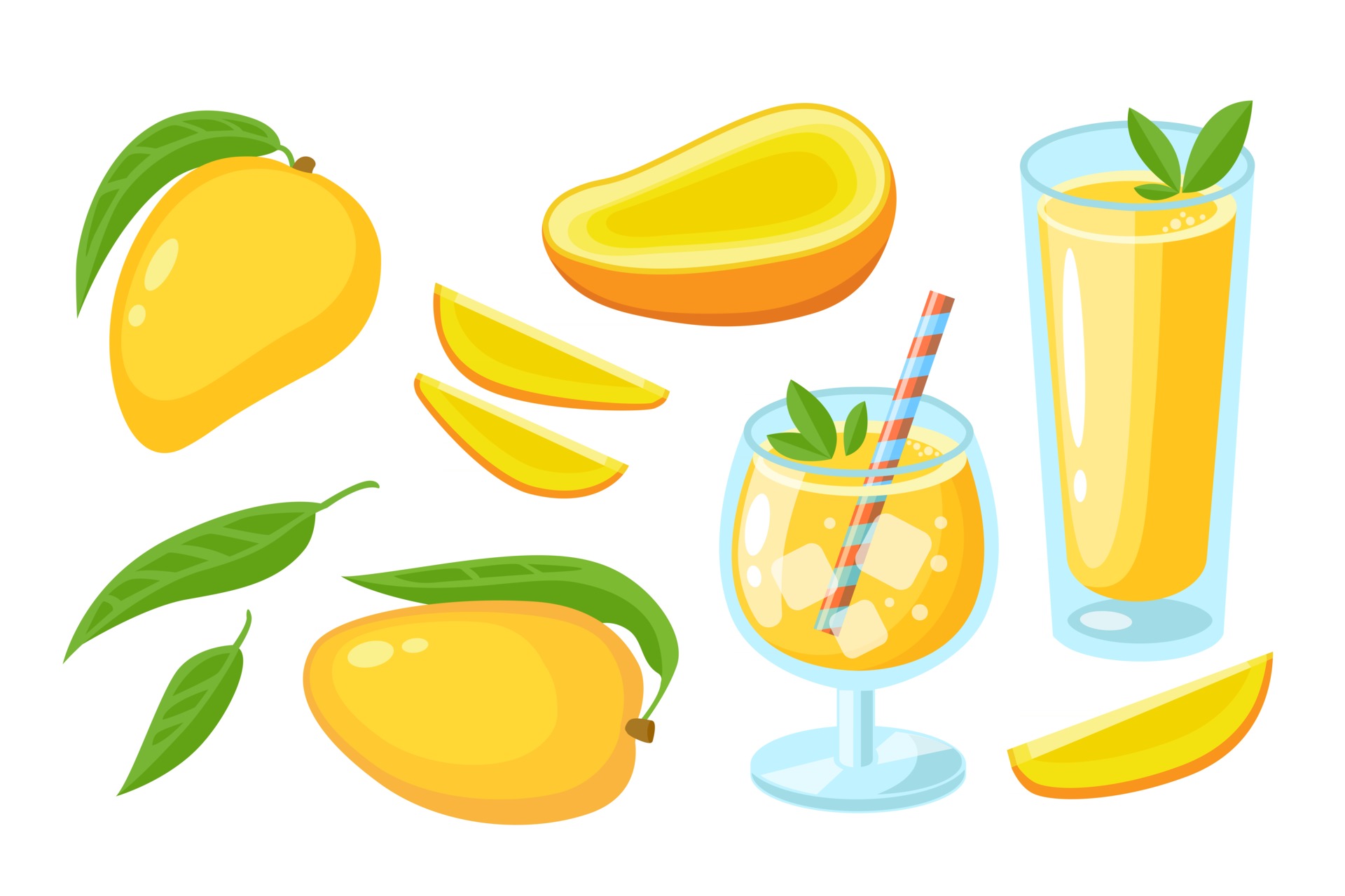 Mango juice, cocktail, slice, whole with leaf and pieces set isolated on  white. Juice or jam logo element. Vector flat illustration tropical fruits.  Design for print, banner, background, packaging 2921519 Vector Art