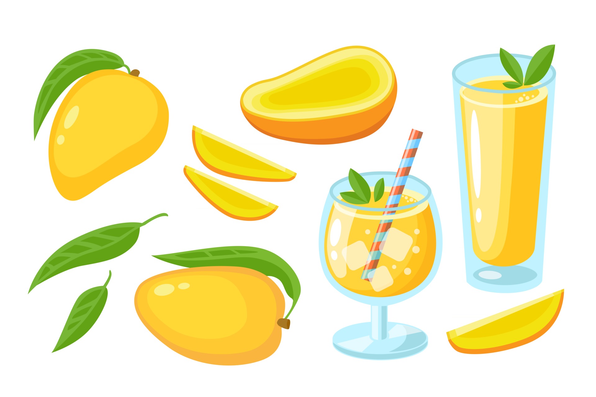 Mango juice, cocktail, slice, whole with leaf and pieces set isolated