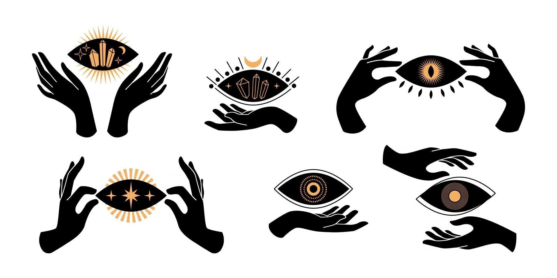 boho manos negras siluetas iconos esotéricos con símbolos espirituales luna creciente, estrella, ojo, sol. concepto místico femenino negro. vector ilustración plana. diseño para estampados de camisetas, carteles, tatuajes