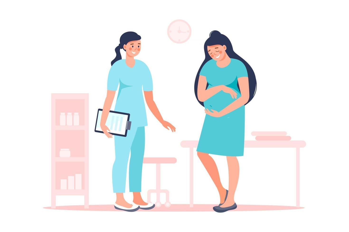 Pregnant woman with doctor in hospital medical office examination during pregnancy. Vector flat illustration. Pregnancy and maternity concept. Expectant mother, motherhood, single mother.