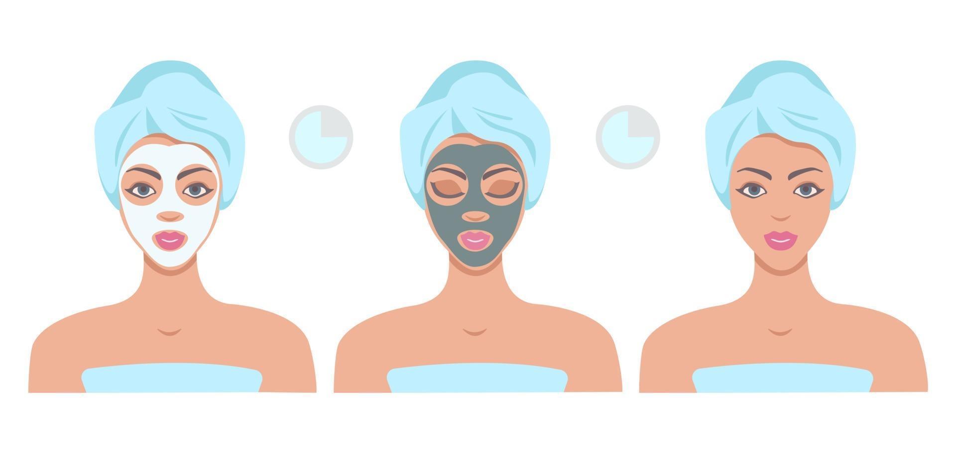 hermosa mujer con máscaras faciales aisladas sobre fondo blanco. procedimiento de aplicación de mascarilla facial, tratamiento de belleza, mascarilla limpiadora facial. concepto de cuidado de scin facial. vector ilustración plana.