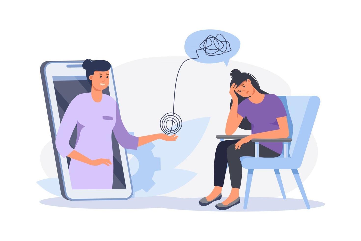 Depressed woman sitting on chair. Psychologist doctor consulting patient in  therapy session. Online psychotherapy counseling concept. Mental health,  depression. Human mental problem solutions. 2921526 Vector Art at Vecteezy