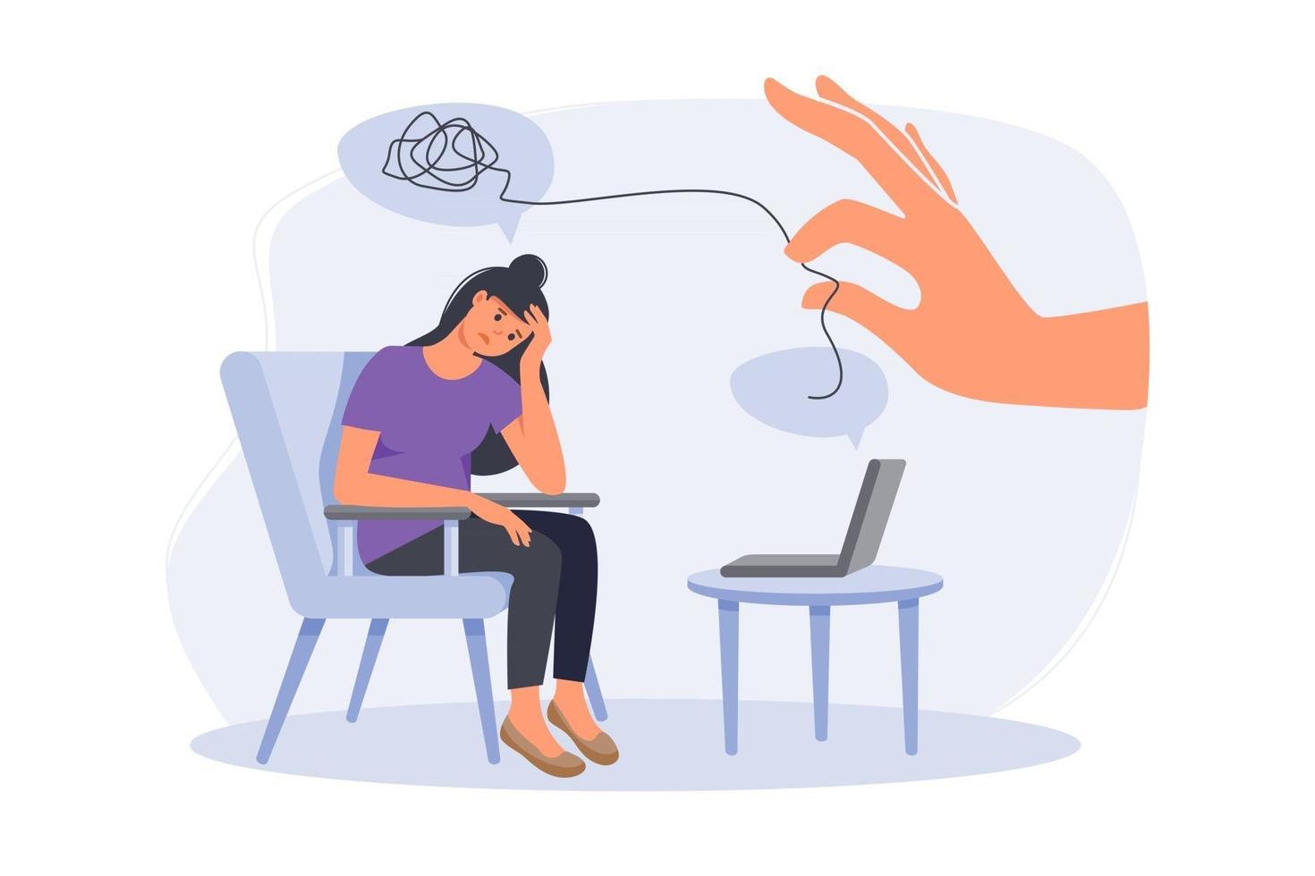 Psychologist doctor consulting patient in therapy session.. On line psychotherapy counseling concept. Mental health, depression. Human mental problem solutions. Modern flat cartoon style vector